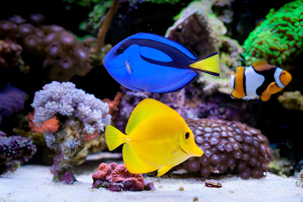 Varias especies de peces de agua salada nadando entre corales y anémonas en un acuario marino.