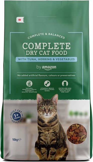 Paquete de comida para gatos con ingredientes nutritivos y naturales.