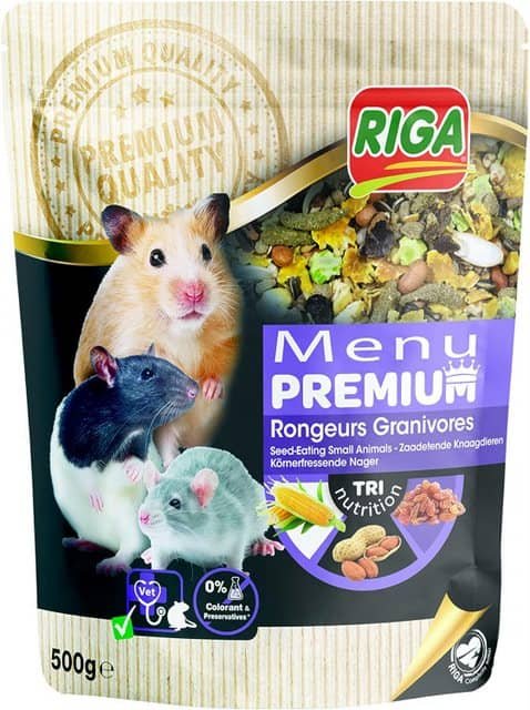 Paquete de comida para roedores con mezcla de ingredientes naturales.