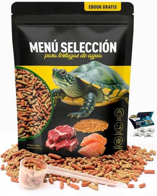 Paquete de comida para tortugas con fórmula enriquecida para su bienestar.