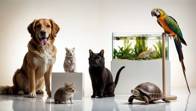  Diferentes tipos de mascotas esperando su comida para mascotas.